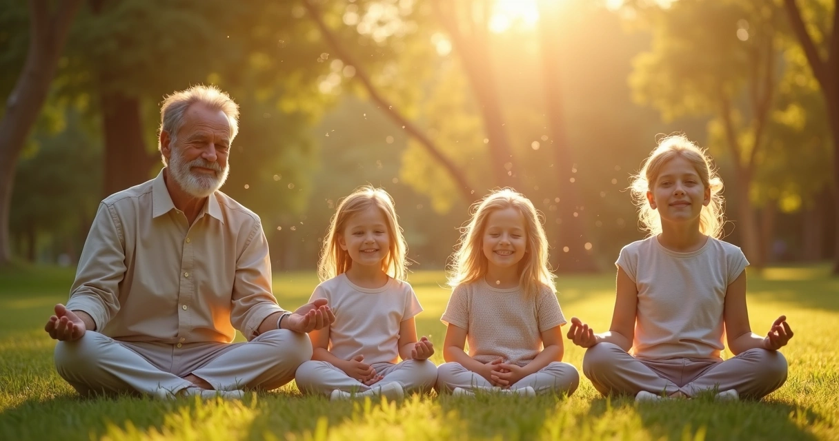 Familia meditando en grupo en un entorno natural 