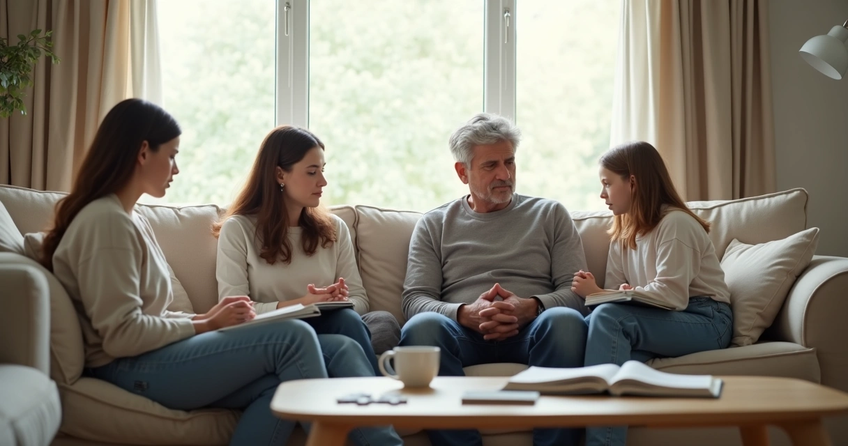 Familia sentada en la sala mostrando tensiones emocionales sutiles 