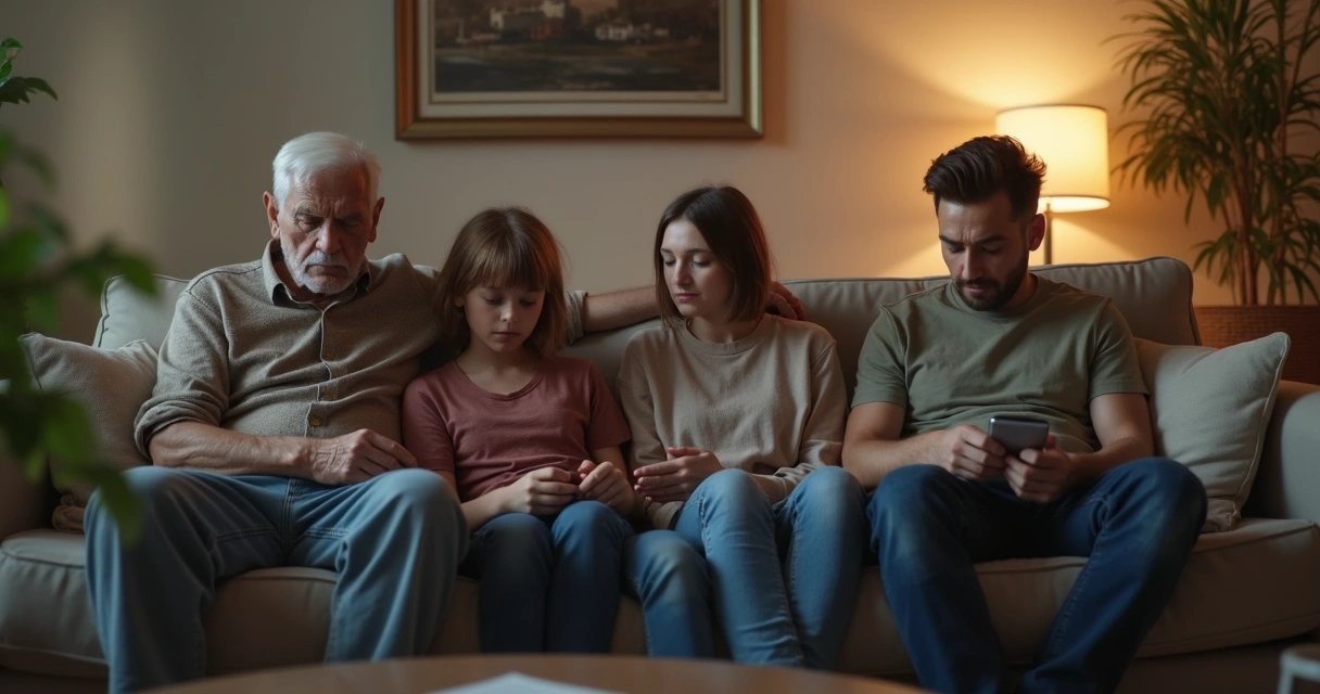 Familia sentada en el sofá mirando hacia abajo en silencio 