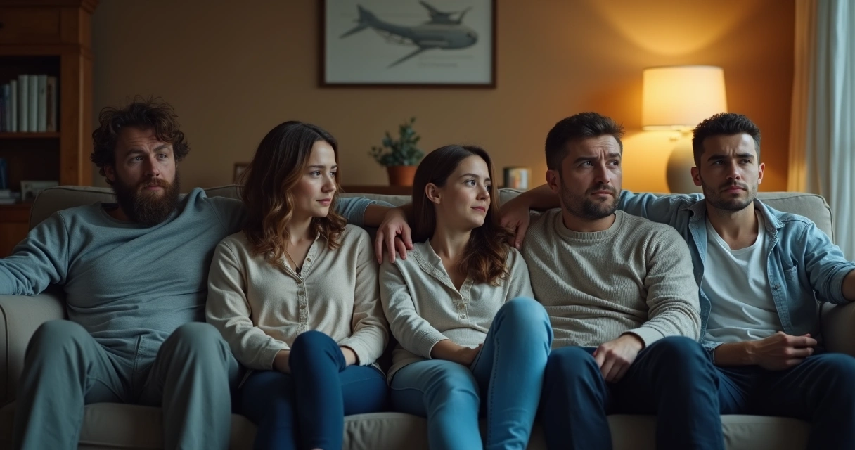 Familia sentada en sala en silencio, sin mirarse