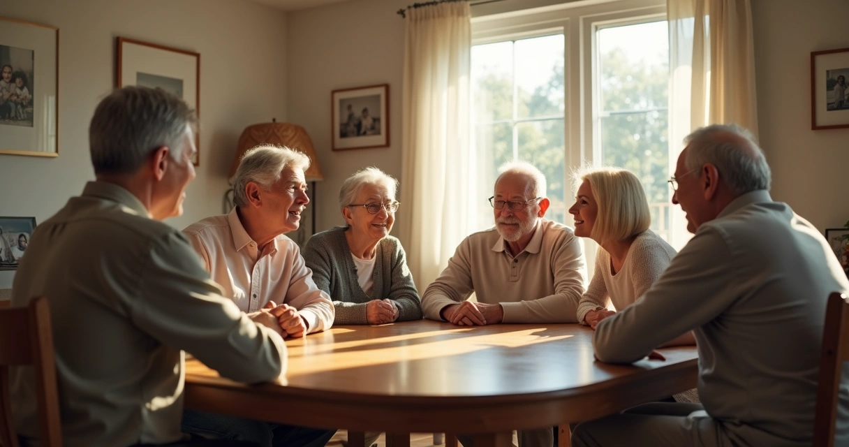 Duas gerações de uma família reunidas em conversa em volta da mesa