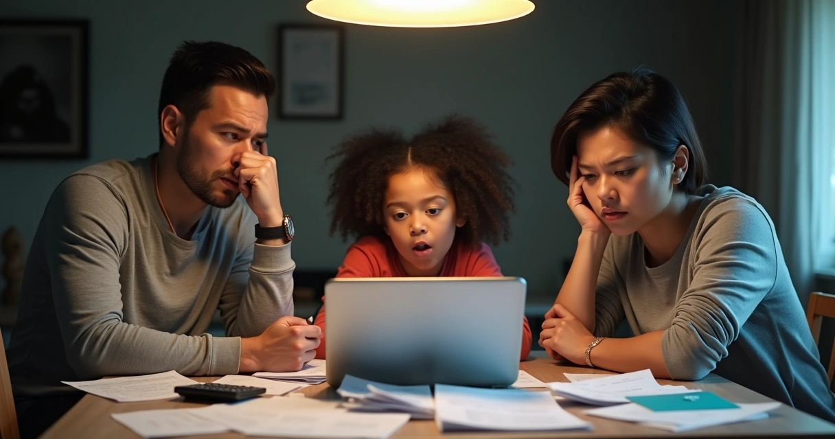 Família preocupada conferindo boletos de contas e faturas