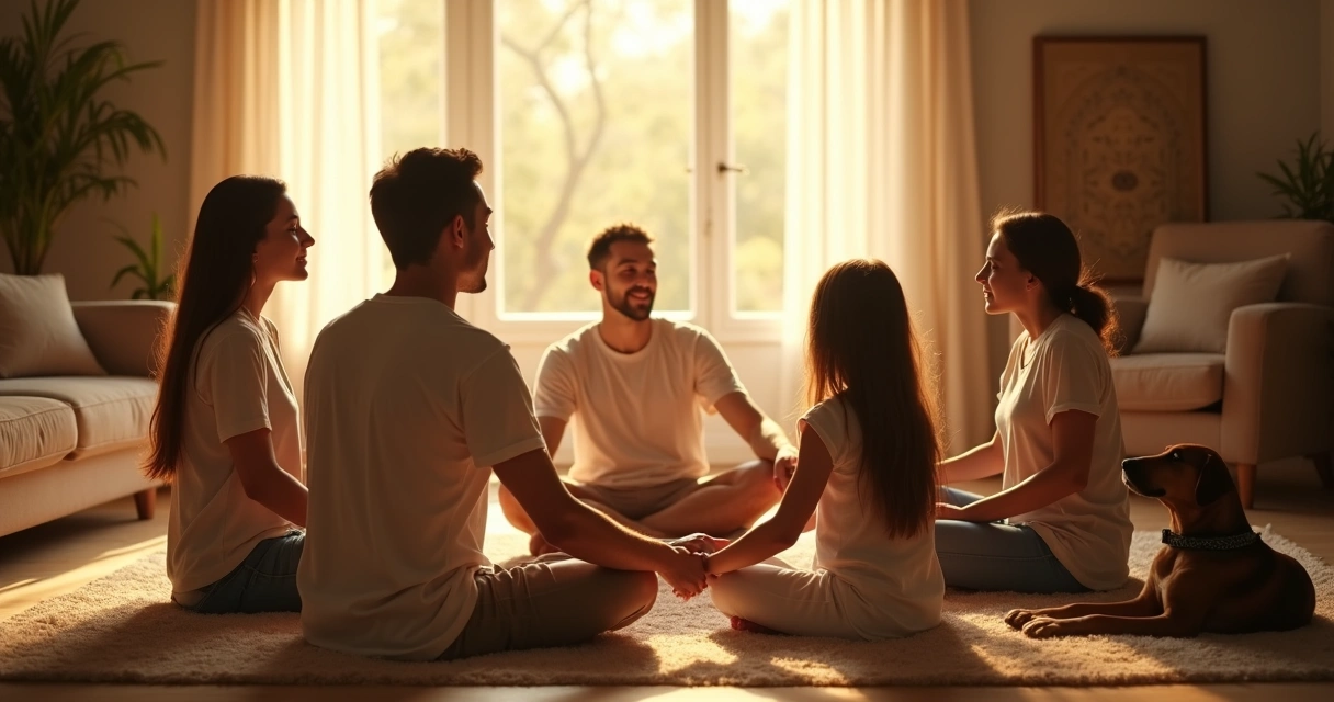 Família reunida em círculo de energia, olhos fechados, luz suave ao redor 
