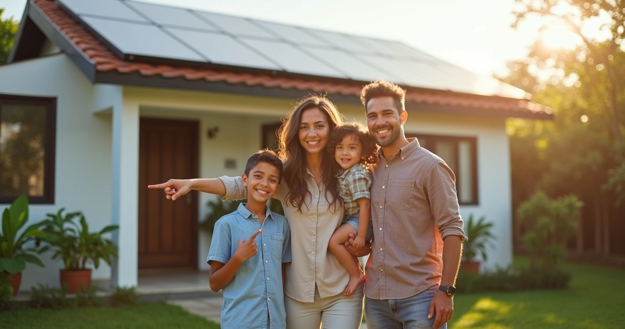 Família brasileira comemorando uso de energia solar em casa 