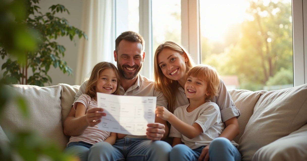 Família feliz sentada no sofá de casa olhando para a conta de luz com alívio