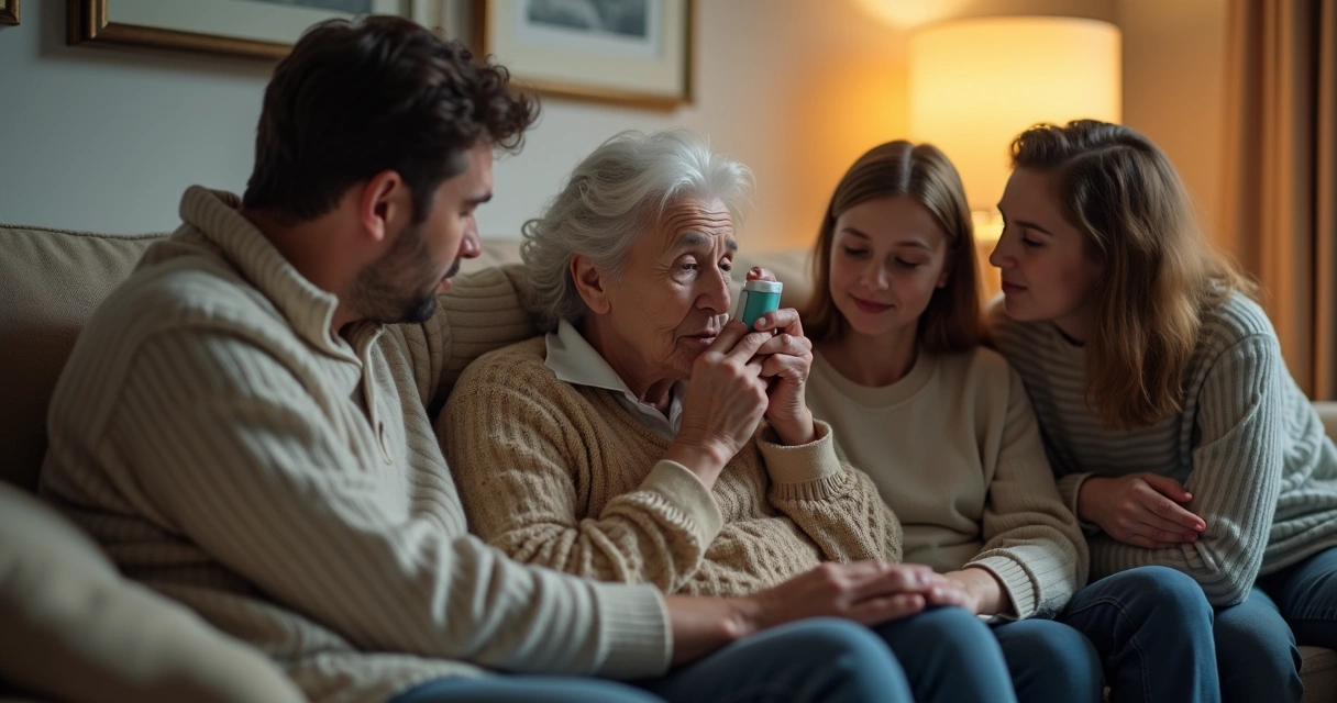 Família reunida diante de situação de doença, apoiando-se mutuamente