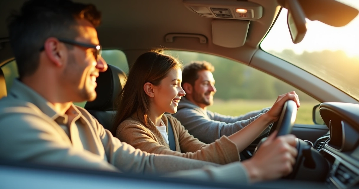 Três pessoas em um carro, pai ensinando a filha a dirigir enquanto a mãe observa sorrindo.