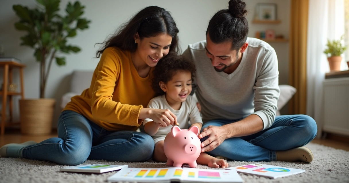 Família sentada em casa ensinando educação financeira para criança com cofrinho e livros