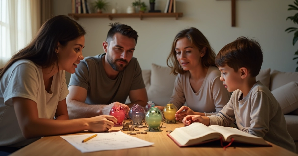 Pais ensinando filhos sobre finanças com Bíblia e cofrinho na sala 