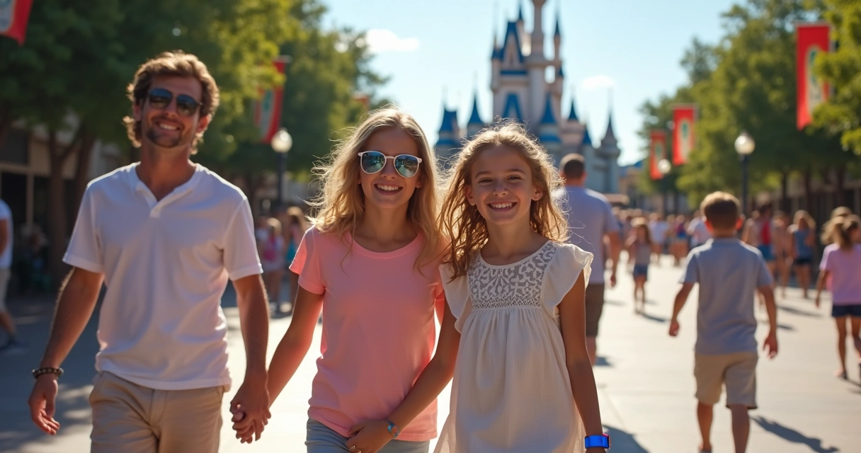Família com crianças usando MagicBand entrando no parque Disney 
