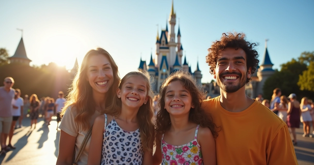 Família sorridente entrando no parque Disney logo pela manhã