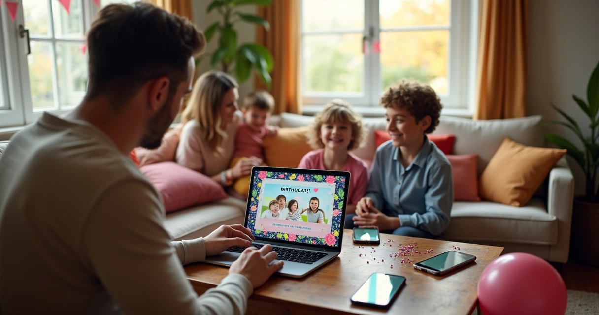 Família reunida criando e enviando convite digital pelo notebook 