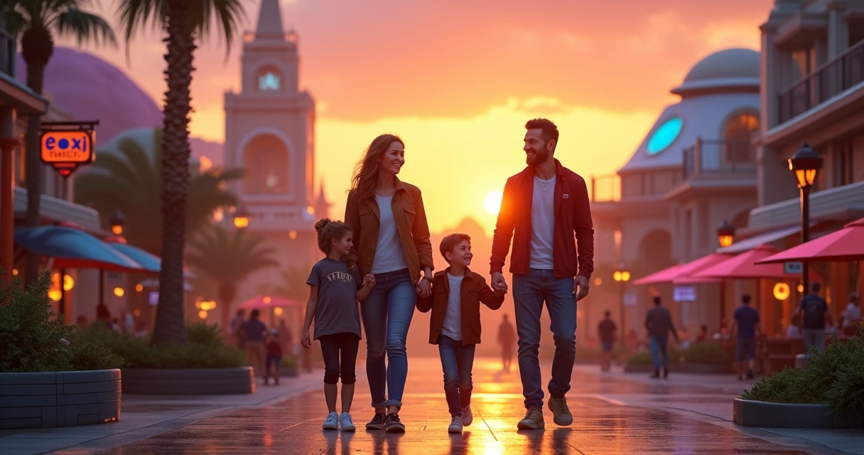 Família caminhando em área temática do Epic Universe ao entardecer.