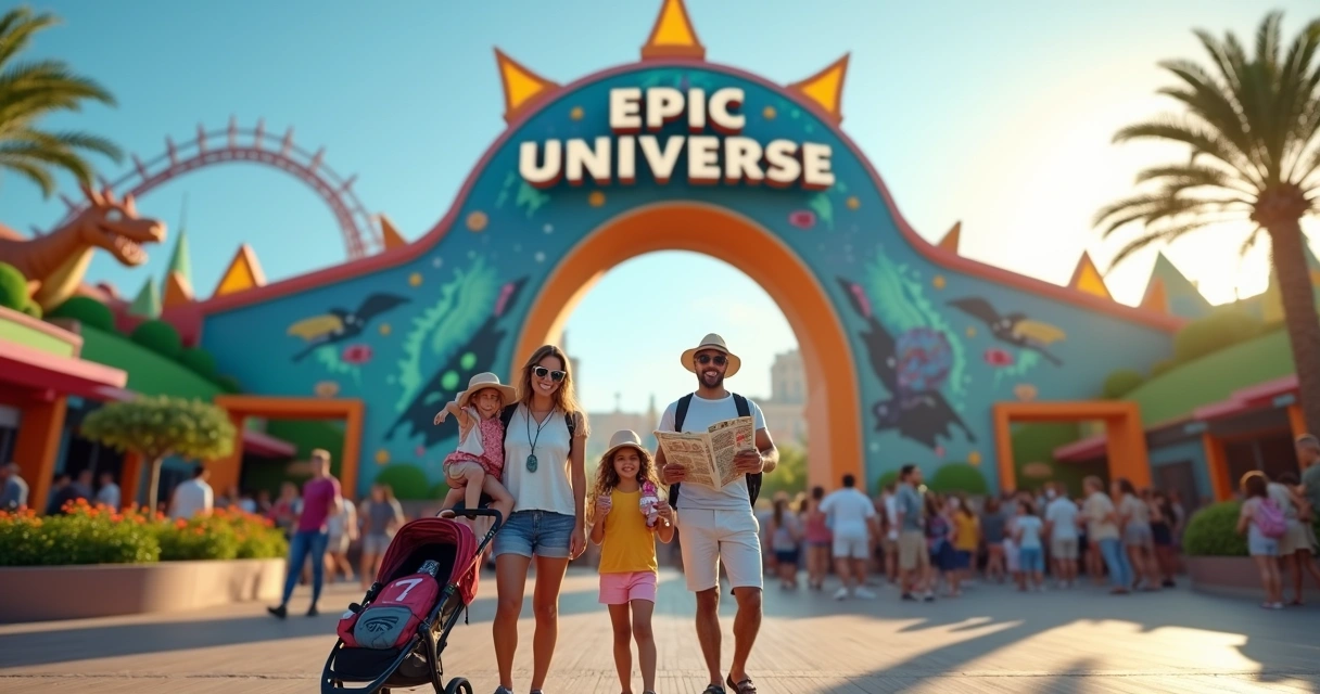 Família com crianças em frente ao portal colorido do Epic Universe em Orlando 