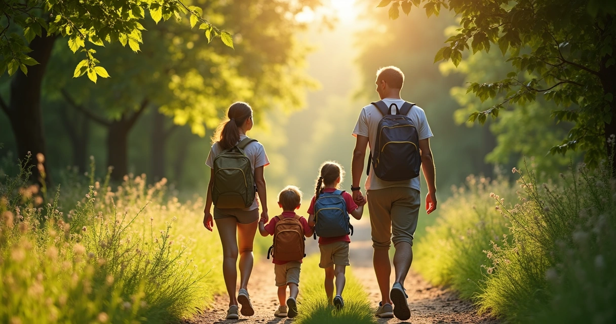 Família caminhando em trilha curta rodeada de natureza