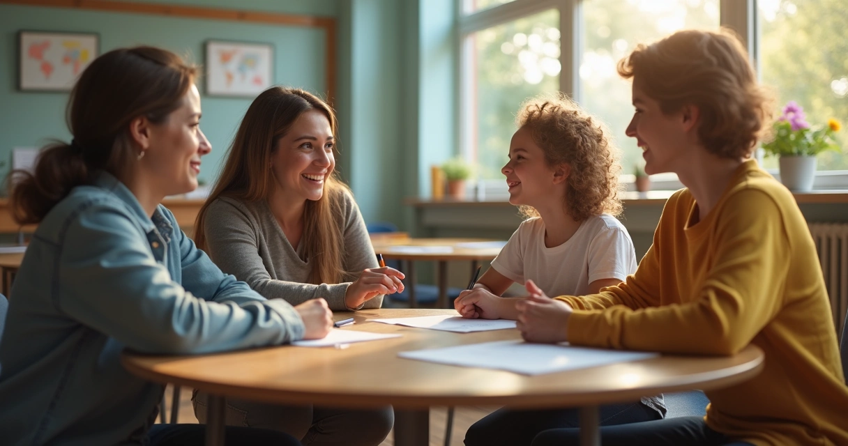 Pais, mãe, criança e professora conversando sentados em mesa redonda em ambiente escolar. 