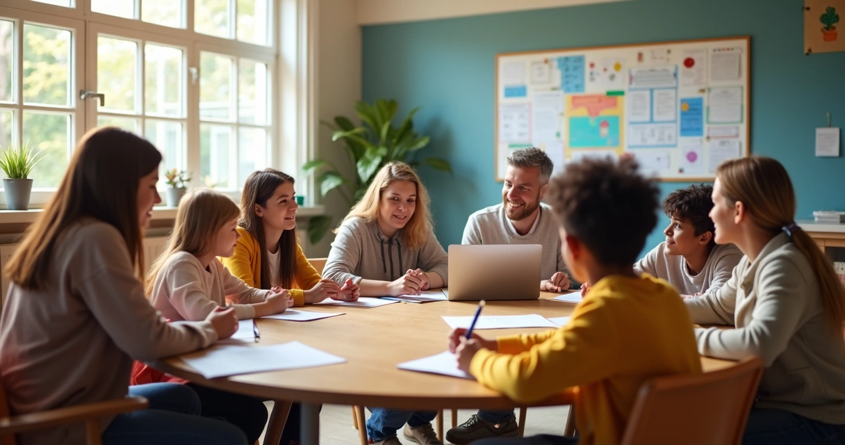 Família e equipe escolar sentados à mesa em reunião 