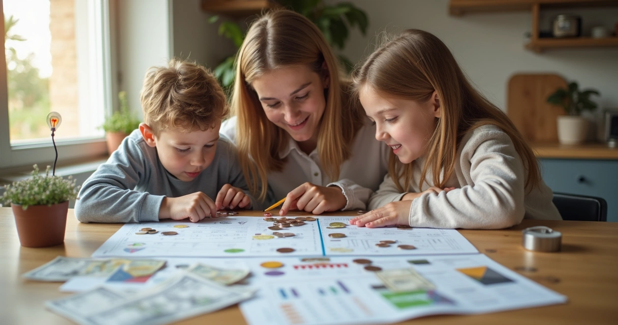 Família reunida analisando juntos um orçamento com símbolos de valores e propósito 