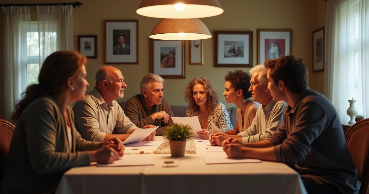 Família reunida conversando sobre escolhas de carreira ao redor de uma mesa 