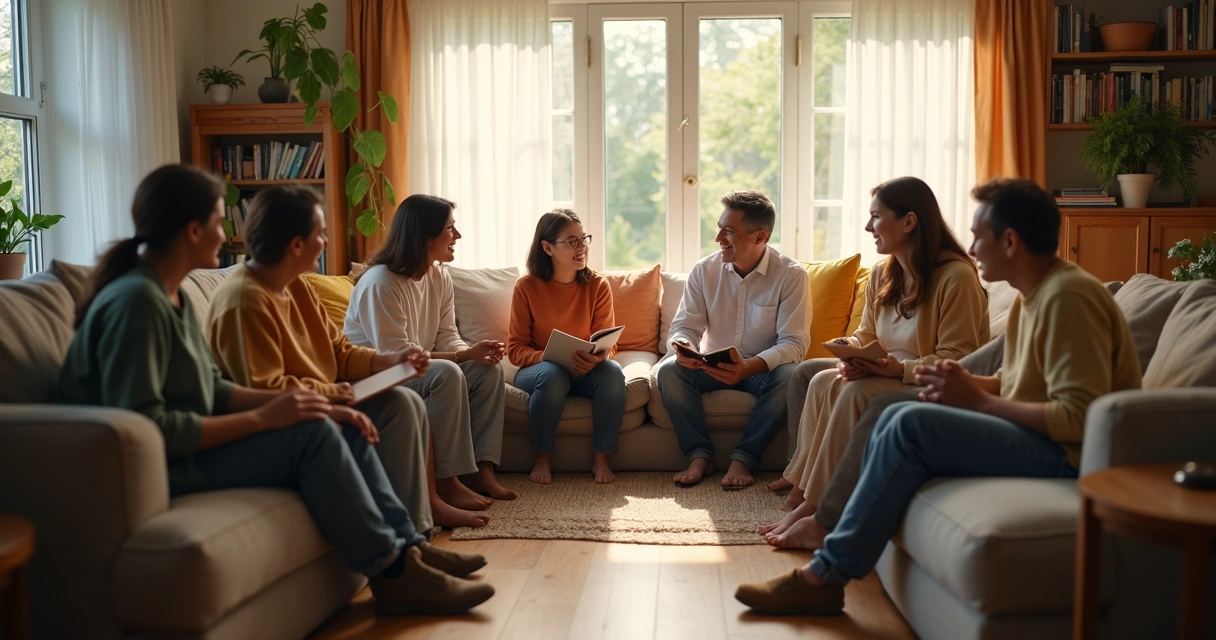 Família reunida em roda de conversa, sorrindo e se conectando 