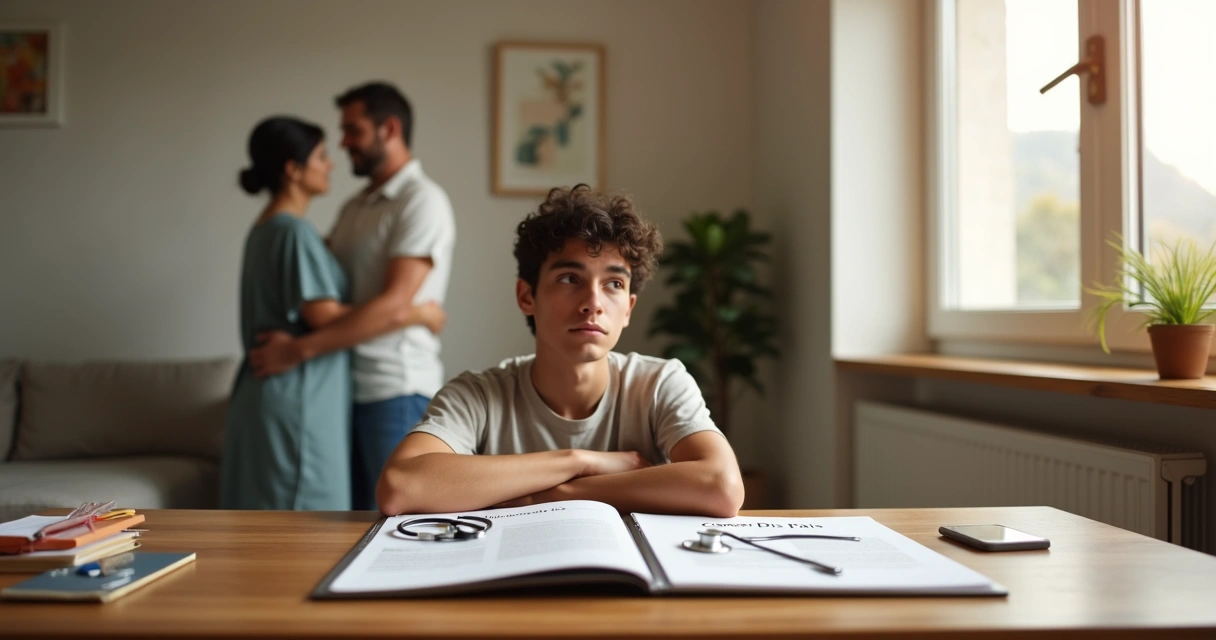 Jovem pensativo diante de encruzilhada profissional com pais ao fundo 