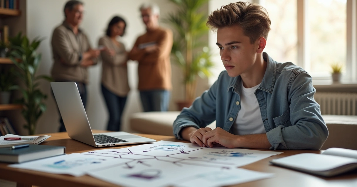 Jovem em dúvida entre diferentes caminhos profissionais diante de silhuetas da família ao fundo 