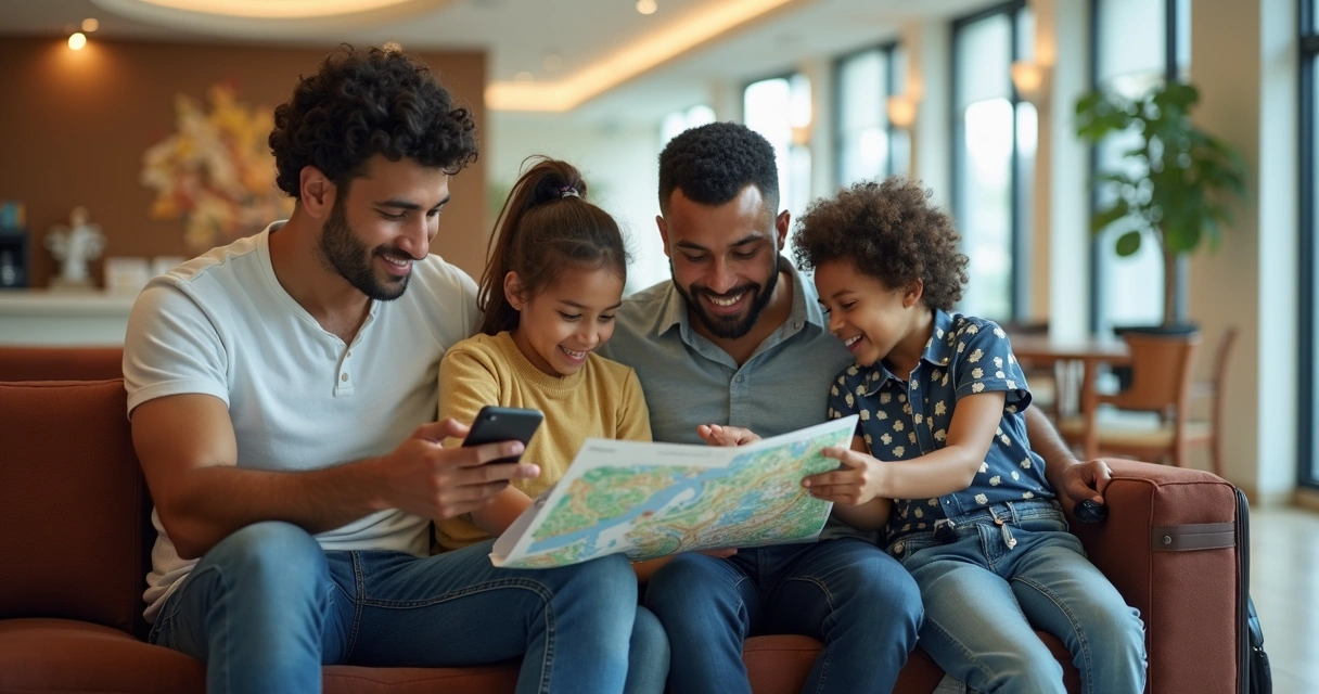 Família brasileira analisando mapas de transporte em hotel nos EUA, com malas ao lado 