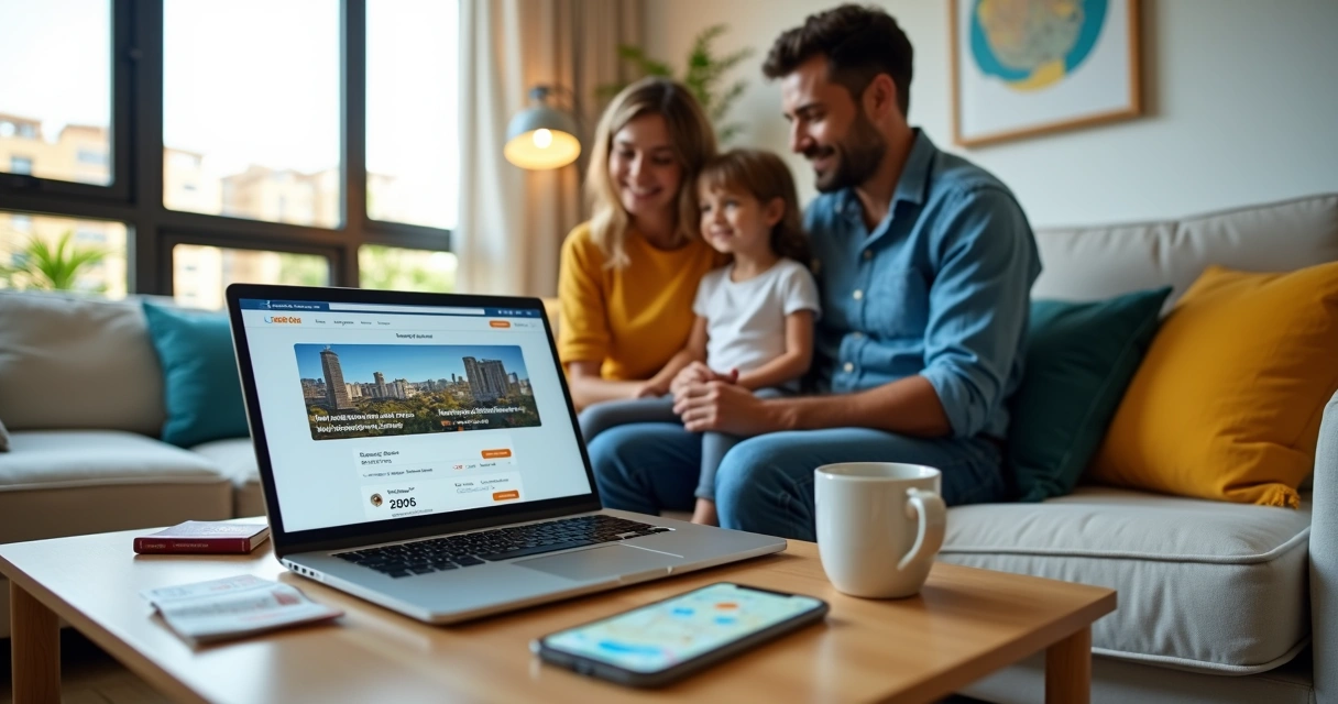 Família escolhendo aluguel por temporada em notebook na sala de um apartamento moderno 