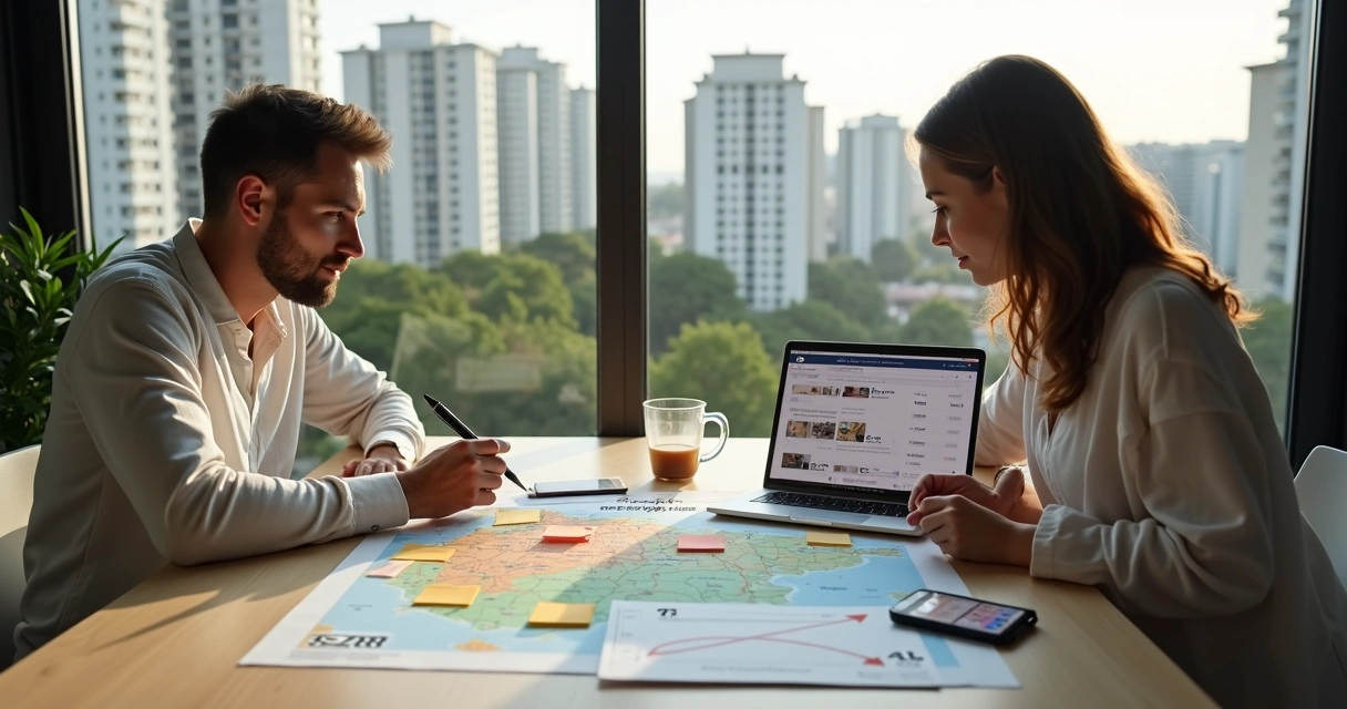 Casal analisando mapa de bairros de Campinas com opções de apartamentos para alugar 