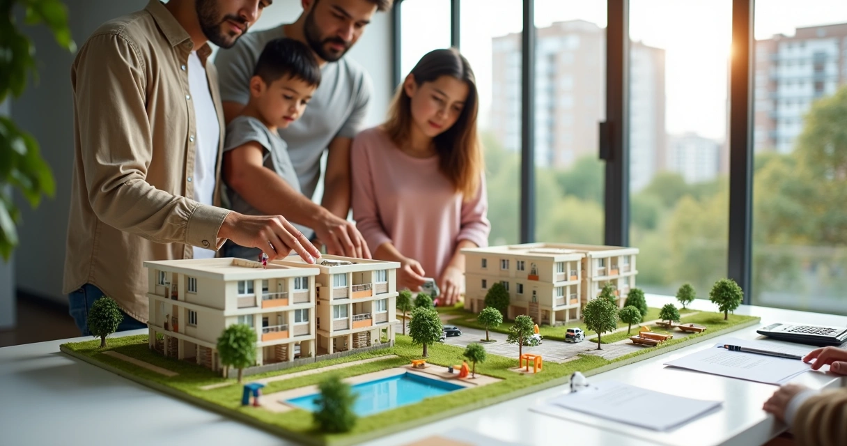 Família jovem analisando maquete de condomínio popular 