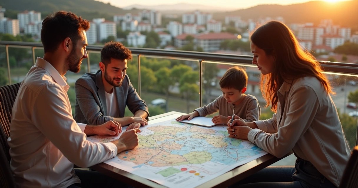 Família conversando com corretor analisando mapa do bairro 