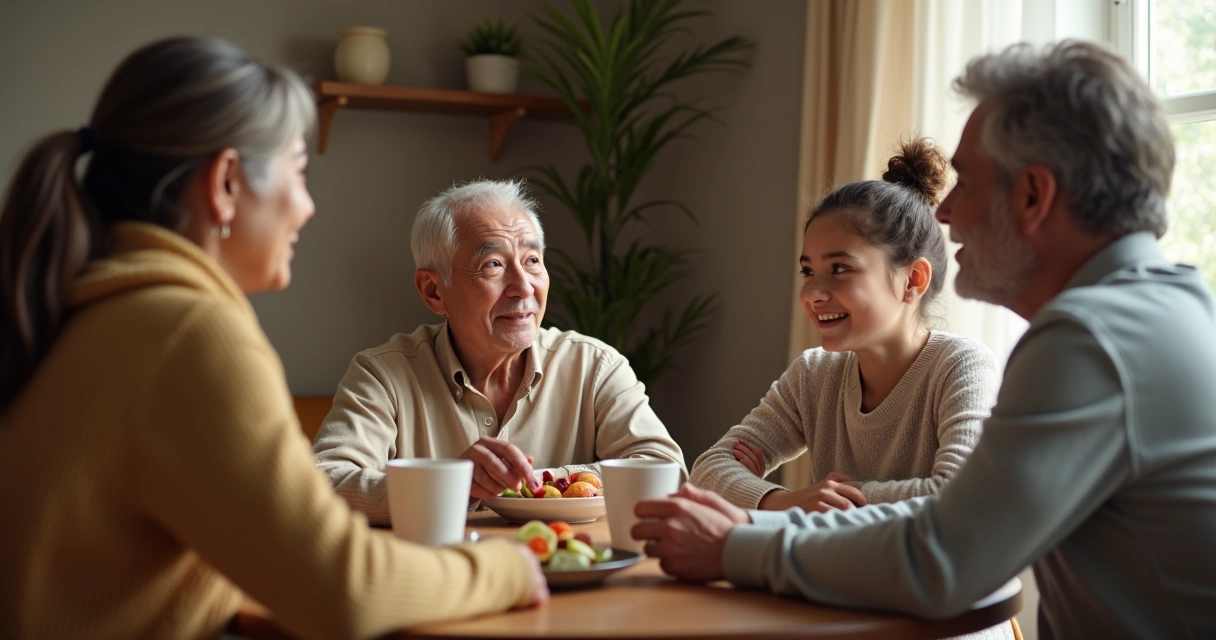 Família dialogando com atenção e respeito ao redor de uma mesa