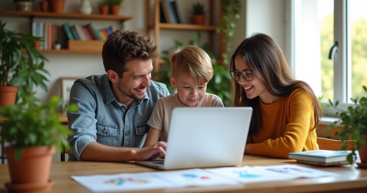 Família analisa opções de escola com computador 