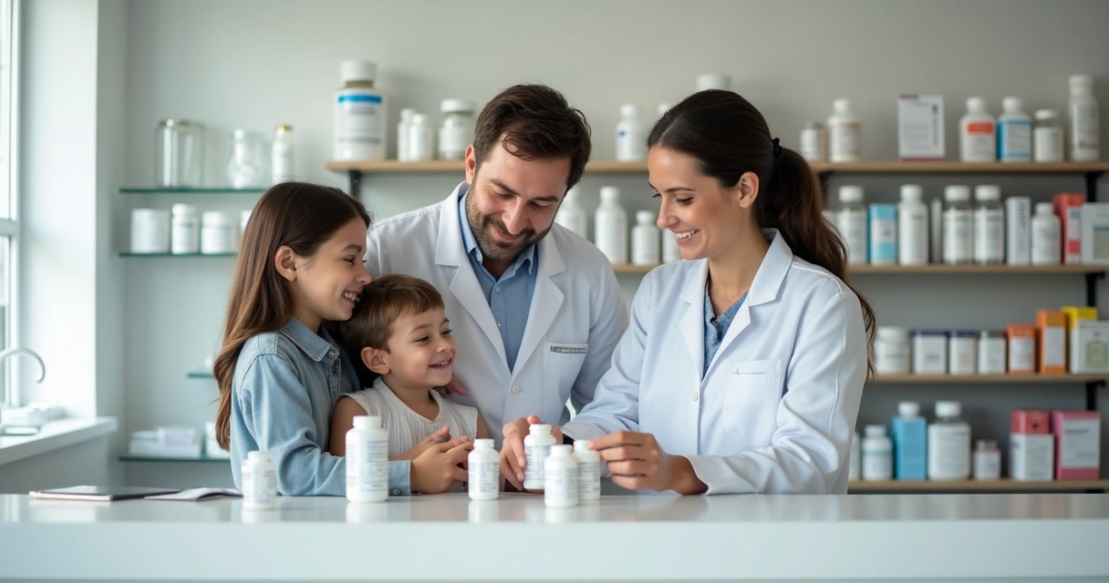 Família com criança conversando com farmacêutica em farmácia de manipulação 