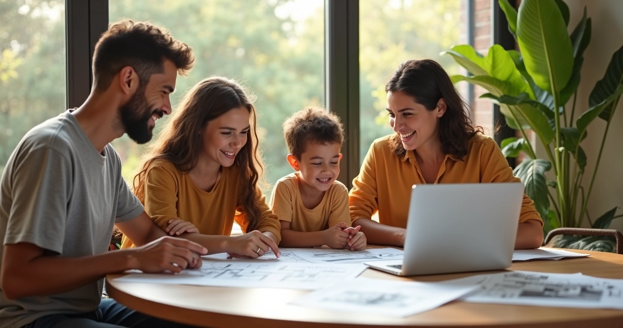 Família sentada na mesa analisando projetos de construção e plantas baixas 