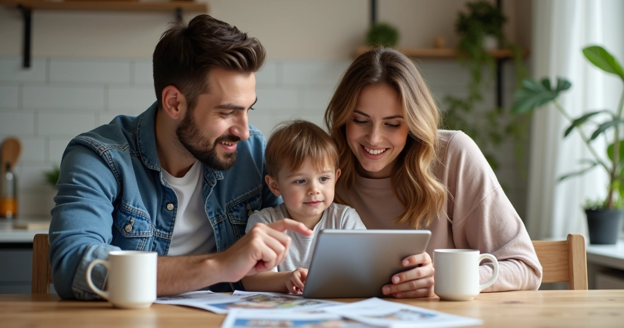 Família avaliando opções de imóveis em um tablet, sentada à mesa de jantar 