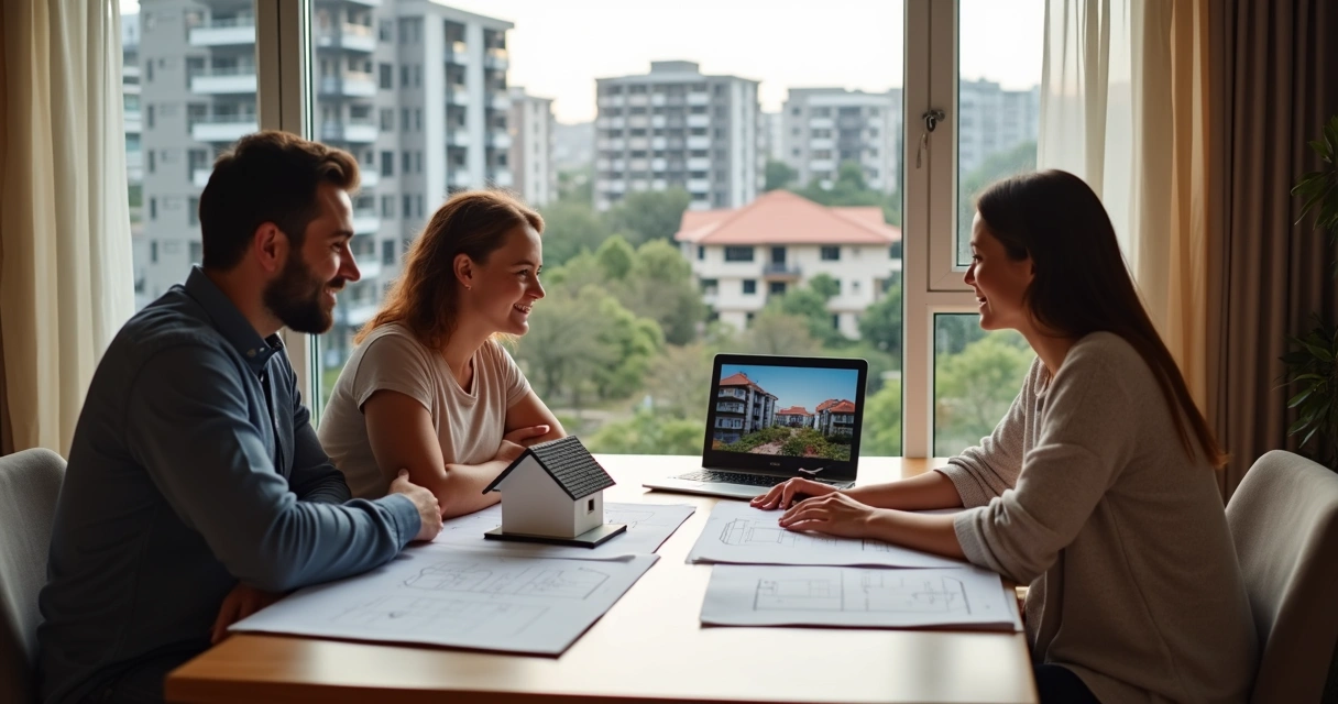 Família conversando sobre escolha de casa ou apartamento 