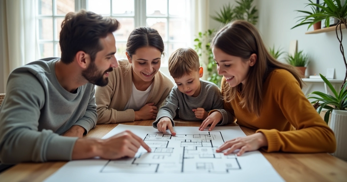 Família analisando planta de imóvel em uma sala moderna 