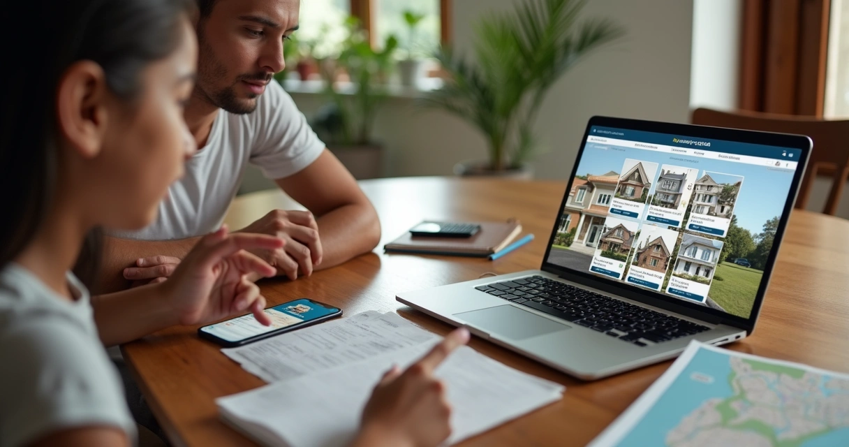 Família avaliando imóveis online em mesa com mapas e anotações 