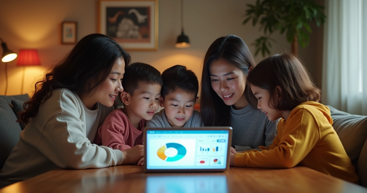 Família escolhendo plano de saúde em notebook na sala de casa 