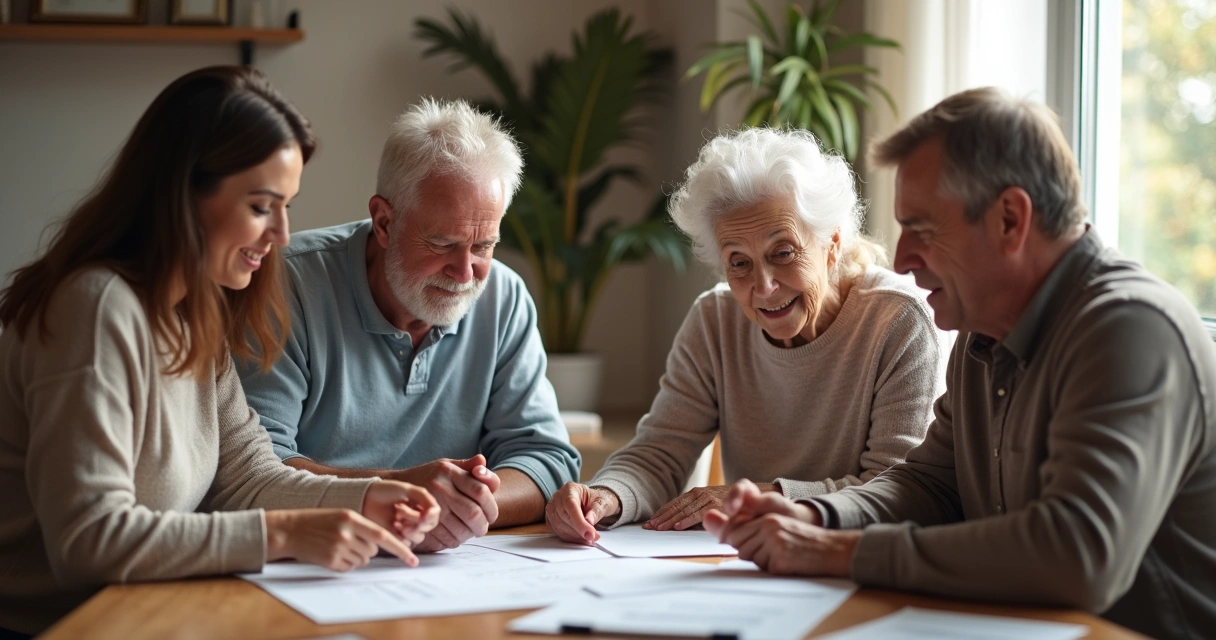 Família reunida com sênior analisando documentos 