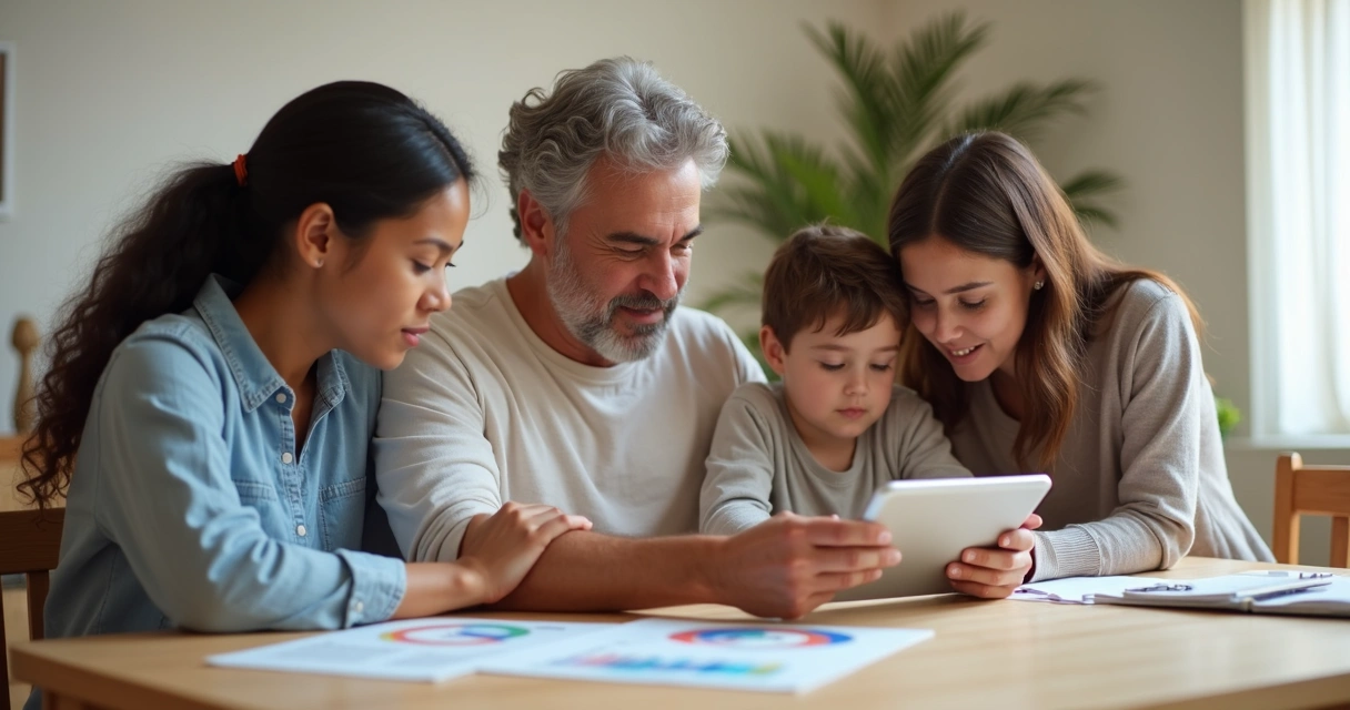 Família sentada à mesa avaliando opções de plano de saúde em tablet 