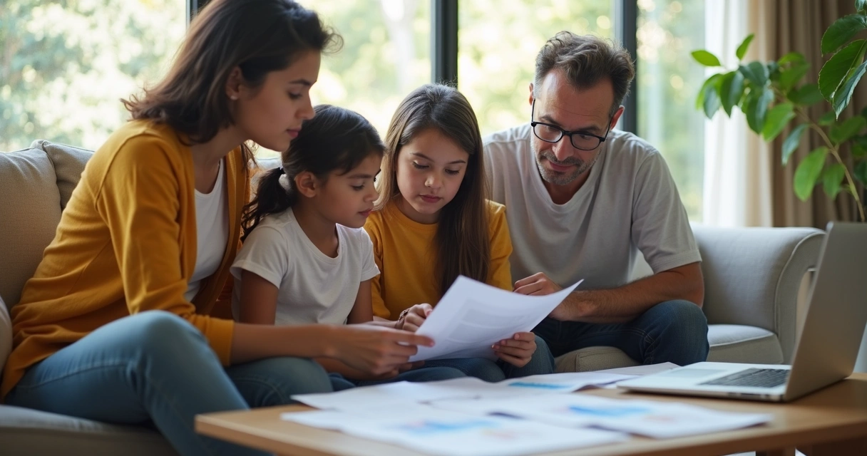 Família reunida na sala olhando propostas de plano de saúde 