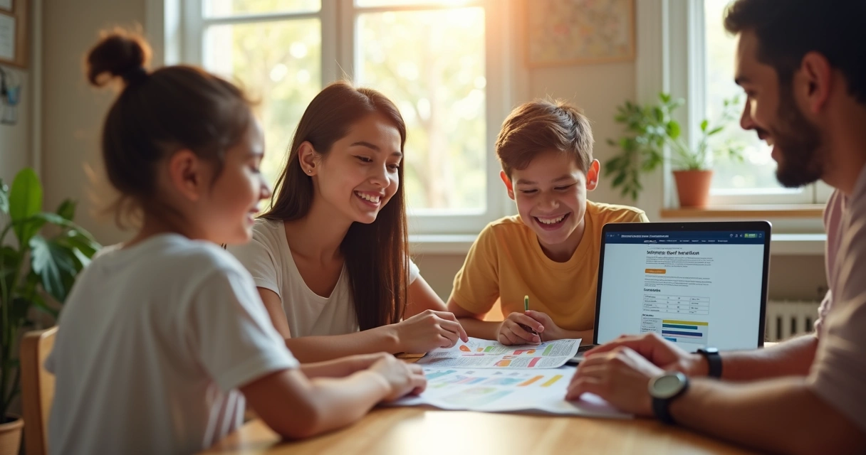 Família sentada à mesa analisando escolha de plano de saúde 
