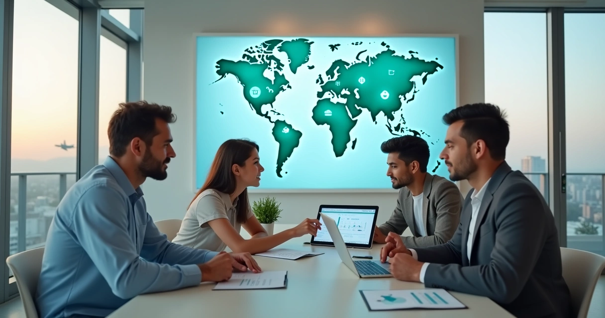 Família brasileira analisa opções de plano de saúde internacional com mapa mundi ao fundo 