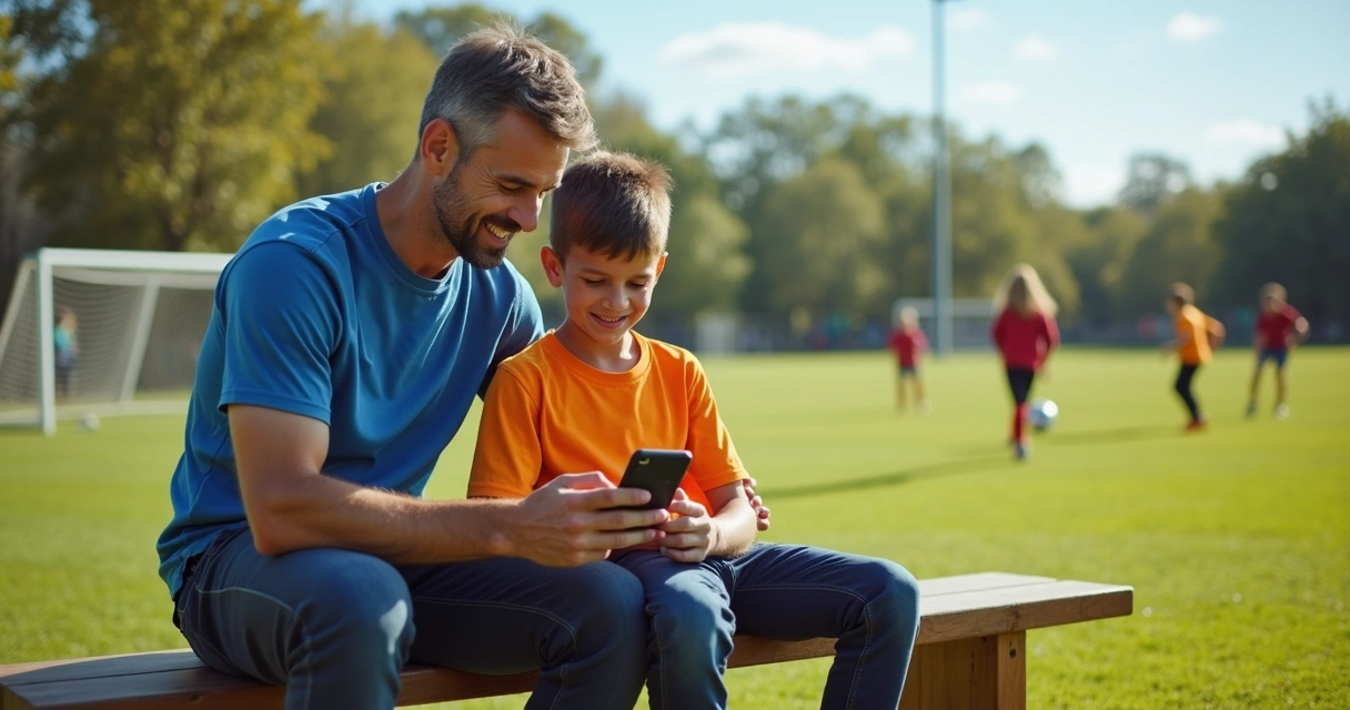 Pai e filho usando smartphone em arquibancada de escola de futebol 