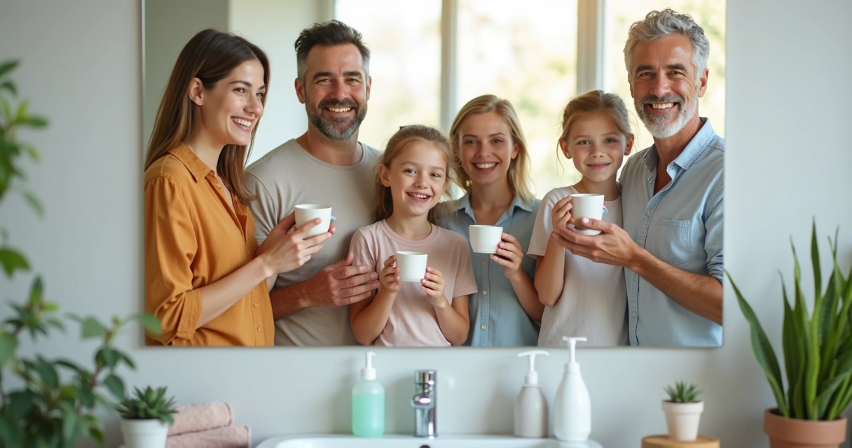 Família sorrindo enquanto faz bochecho no banheiro com copos de enxágue 