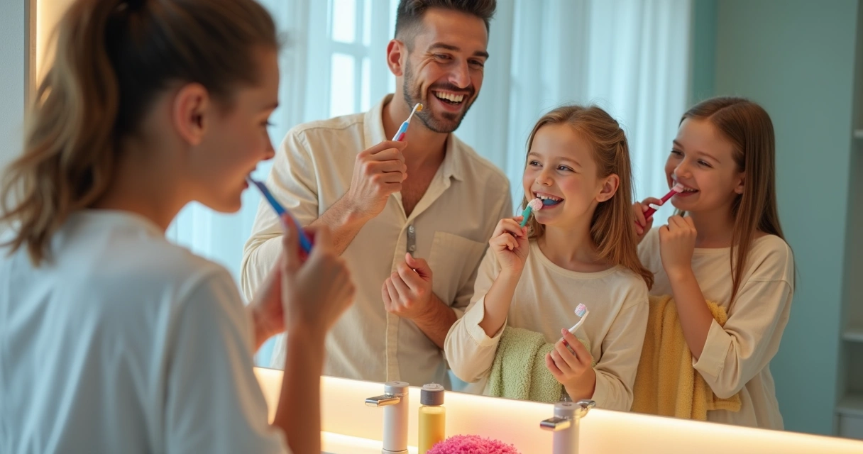 Família escovando os dentes junta no banheiro 