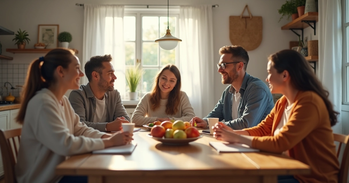 Familia conversando y escuchándose en la cocina