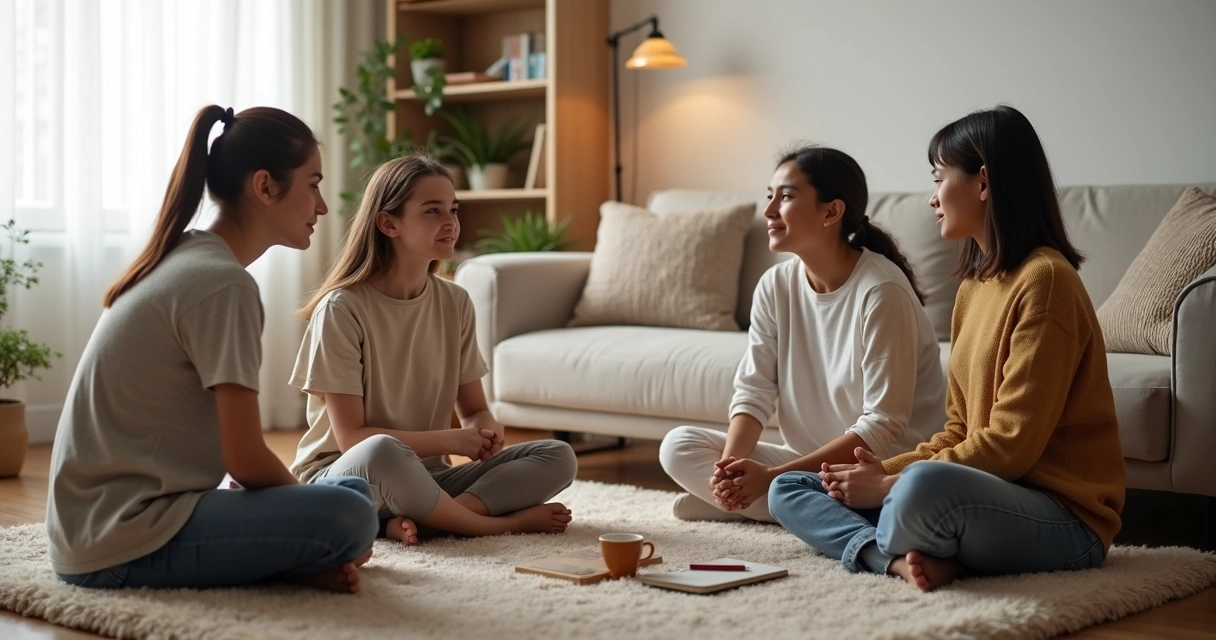 Familia sentada en círculo en el salón practicando escucha profunda y diálogo calmado 
